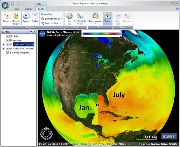 Using NASA data, ArcGIS Explorer allows you to compare temporaldifferences.