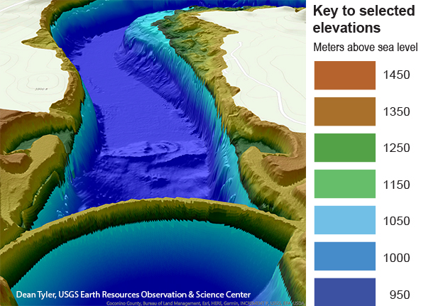 A colorful digital rendering of a dam and surroundingareas.