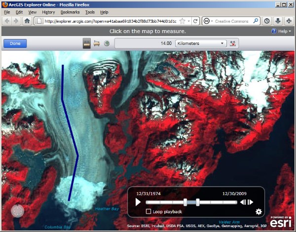 The Columbia Glacier in Alaska is receding quickly, shown in ArcGIS ExplorerOnline.