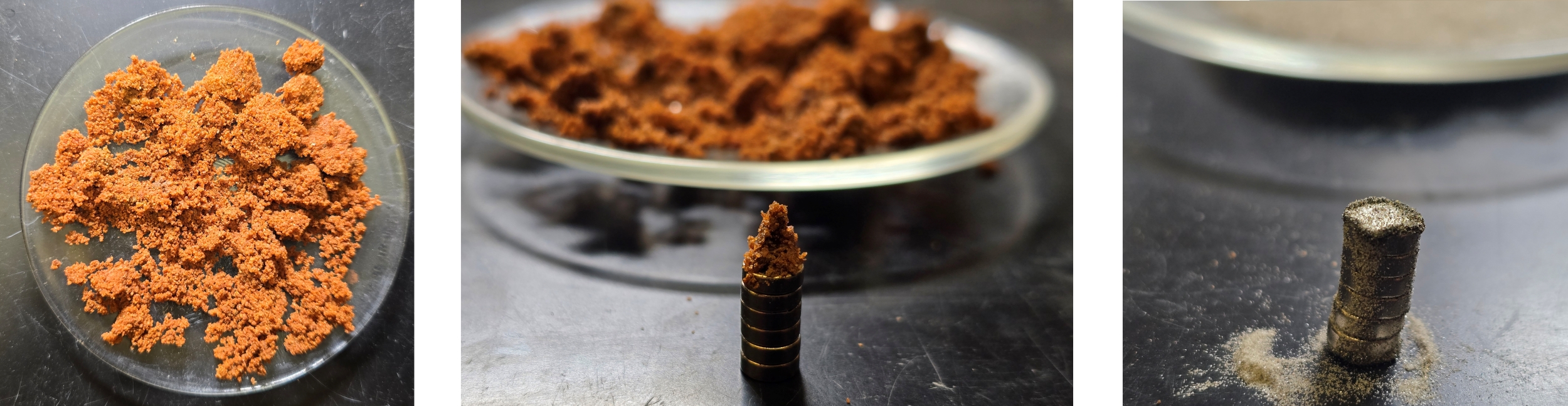 Three images: dry red soil in a petri dish, a stack of disk magnets with some red soil on top, and a stack of magnets with filings on top and sand around the bottom.