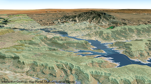 A digital rendering of an arid landscape with hills and steep canyons and alake.