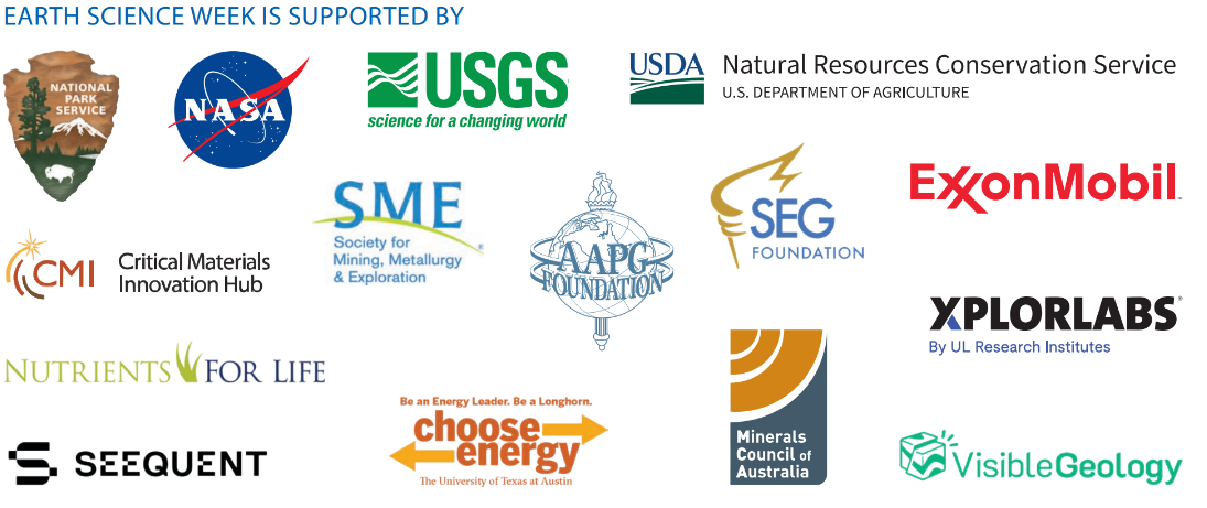 ESW 2026 Sponsors, including the National Park Service; NASA; United States Geological Survey; USDA Natural Resources Conservation Service; Critical Materials Innovation Hub; Society for Mining, Metallurgy and Exploration; American Association for Petroleum Geologists Foundation; Society of Exploration Geophysicists; ExxonMobil; Nutrients for Life; xplorlabs; Seequent; The University of Texas at Austin Choose Energy Program; Minerals Council of Australia; and Visible Geology 
