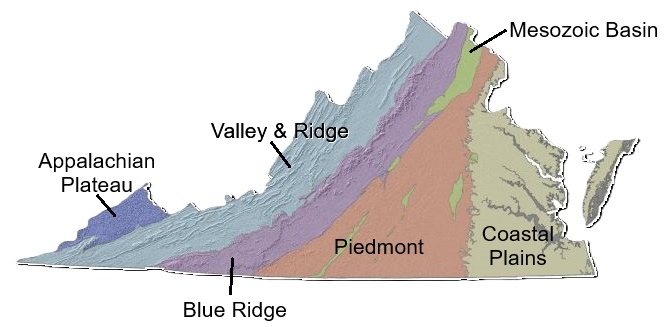 A map of Virigina with each of its physiographic provinces in a different color and labeled (from west to east, they are: Appalachian Plateau, Valley and Ridge, Blue Ridge, Piedmont, which contains some Mesozoic Basin, and coastal plains).