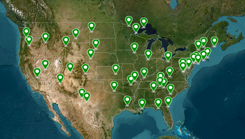 Map of the cotiguous United States with green point indicating locations of one or more geoheritage sites in each state.