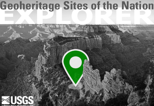 Screenshot of the homescreen of Geoheritage Sites of the Nation, with the title across a top and a large green pin over a background image showing the Grand Canyon and the USGS logo in the lower left corner.