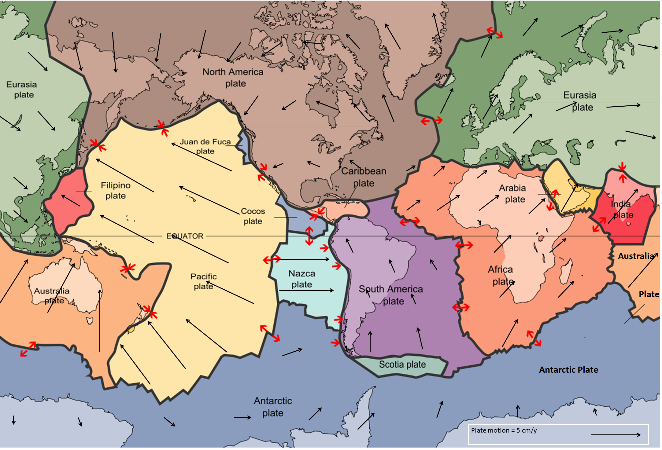 Map of tectonic plates, showing their relative motion using arrows.