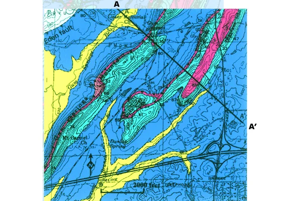 Figure 1: The geologic map of part of the Pell City quadrangle, AL, accurately identifies the recharge area of the Fort Payne Chert aquifer (medium blue) that must be protected from pollution. Credit: W. Thomas
