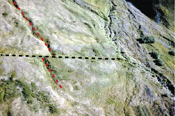Figure 1: An earthquake offset this drainage (red dashed line) along the Denali Fault (black dashed line) by 26 ft. horizontally and 5 ft. vertically. Sites such as this one provided the data for designing the pipeline fault crossing. Credit: G. Plafker