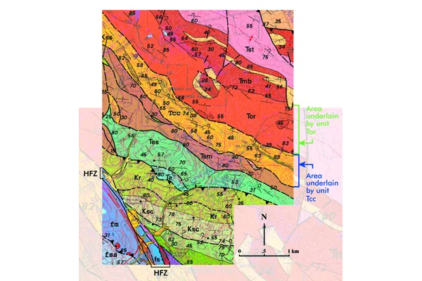 Fig.3. A portion of the geologic map of the Oakland, CA area, including part of the active Hayward Fault Zone (HFZ) separating metamorphic rocks of the Franciscan Complex (fss, fs, fm) from sedimentary and volcanic rocks. Source: USGS MF-2342
