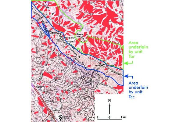 Fig.4. Red areas are large landslide deposits in the Oakland area. Note that many more landslide deposits cover the area underlain by unit Tor than the area underlain by unit Tcc. Source: USGS MF-493