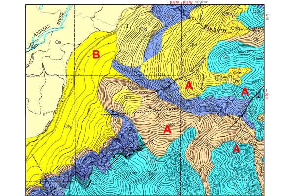 Figure 2. This part of the Hermosa geologic quadrangle map covers the burn area around Stevens Creek. The darker yellow pattern (Qfy) shows debris fans mapped in 2001. Credit: Colorado Geological Survey