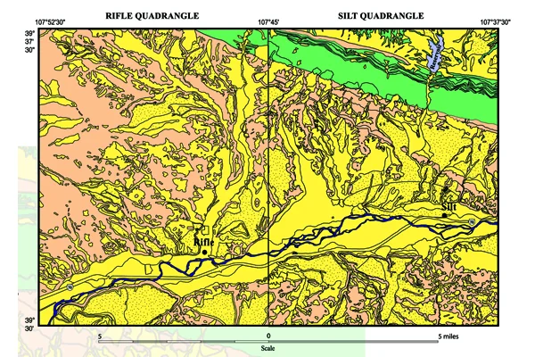 Figure 1: Simplified geologic map of the Rifle and Silt quadrangles in Garfield County, Colorado. Yellow indicates unconsolidated sand and gravel deposits. Yellow with black dots indicates deposits of wind-blown silt (loess). Credit: USGS