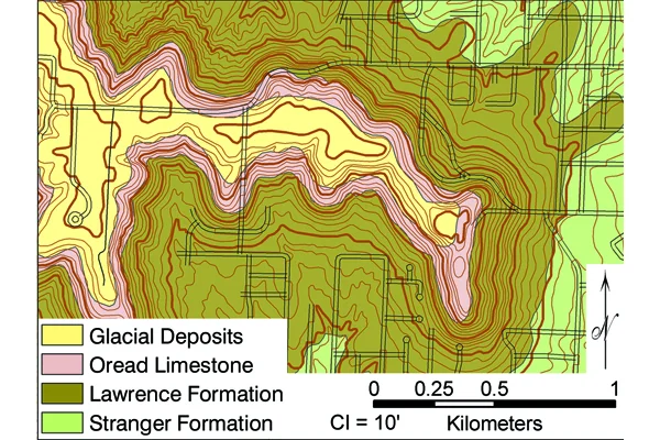 Figure 2: Part of the geologic map of Leavenworth County, Kansas. Leavenworth County is in the Kansas City metropolitan area. Credit: McCauley (1998)