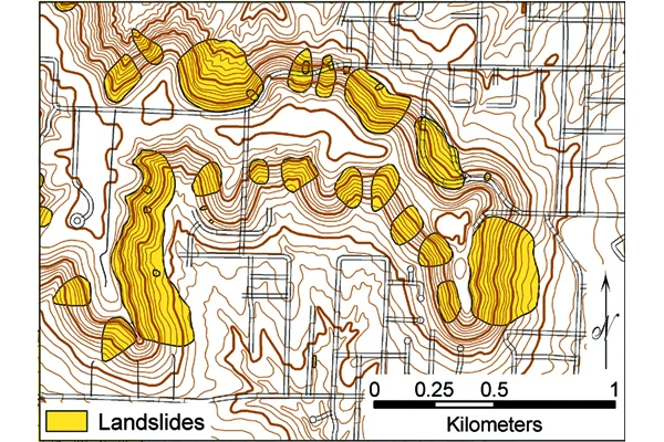 Figure 3: A map showing landslides in a portion of the city of Leavenworth. Credit: Adapted from Olmacher, (2003)
