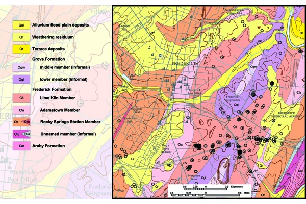 Figure 2: On this geologic map of the Frederick, Maryland area, note the prevalence of sinkholes (circles with hachures) in the Lime Kiln Member of the Frederick Formation. Credit: D.K. Brezinski