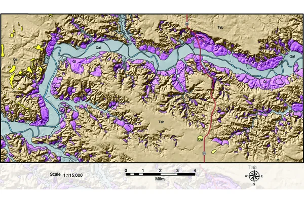 Figure 2: Landslides are most prevalent along the sides of the Little Missouri River Valley (A), and landslide complexes may extend for more than five miles (B).  Credit: Geology by E. Murphy; E. Kadrmas, compiler