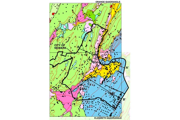 Figure 2. Different soil materials have different potentials for ground-shaking and liquefaction. Unsorted glacial deposits, till, (light green); soft, saturated soils (blue and gold); sand and gravel deposits (pink). Credit: N.J. Geological Survey