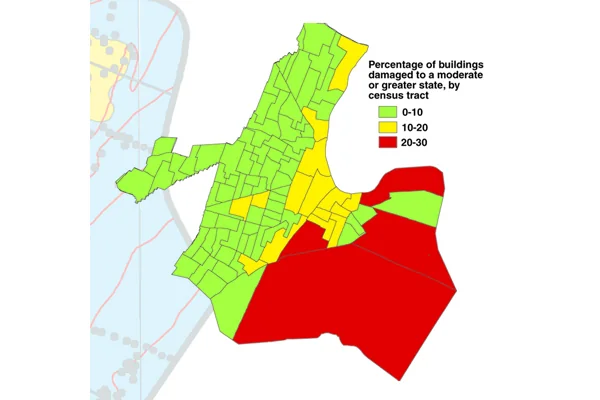 Figure 4. A computer model commissioned by the Federal Emergency Management Agency and now used as a nationwide standard analyzes earthquake factors on a census-tract basis to generate damage estimates. Credit: N.J. Geological Survey
