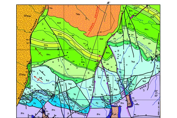 Figure 3: A portion of the geologic map of the Placitas area shows that major faults and structures have disrupted the largely sedimentary formations. Red arrows mark the preferential groundwater flow pathways. Credit: New Mexico Bureau of Geology and MinerFig. 3. A portion of the geologic map of the Placitas area shows that major faults and structures have disrupted the largely sedimentary formations. Red arrows mark the preferential groundwater flow pathways. Credit: NMBGMR