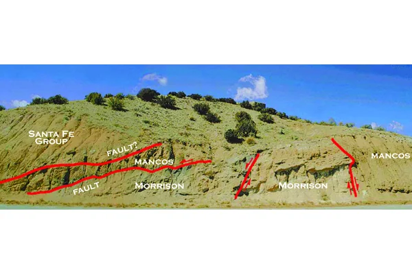 Figure 4: This road cut shows the Ranchos fault zone west of Placitas, where older Mesozoic strata (Mancos and Morrison formations) are faulted against younger Santa Fe Group basin fill. Credit: L. PriceFig. 4. This road cut shows the Ranchos fault zone west of Placitas, where older Mesozoic strata (Mancos and Morrison formations) are faulted against younger Santa Fe Group basin fill. Credit: L. Price