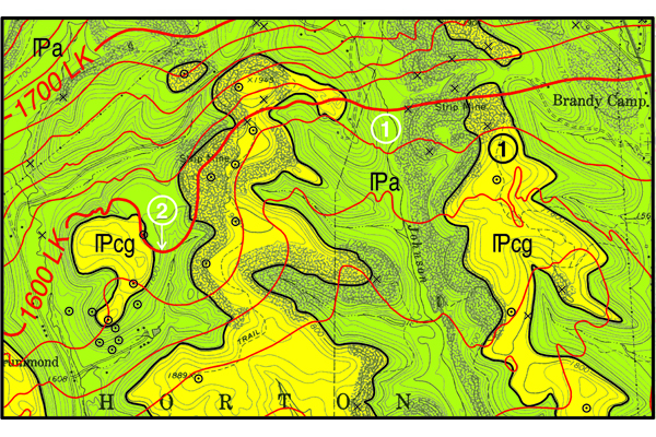 Figure 2:  [1]The bedrock geologic map distinguishes between the surface areas underlain by economic coals and those that are not. [2]  Structure contours show the amount and direction the rocks are inclined. Credit: C. Dodge, Pennsylvania Geological Survey.