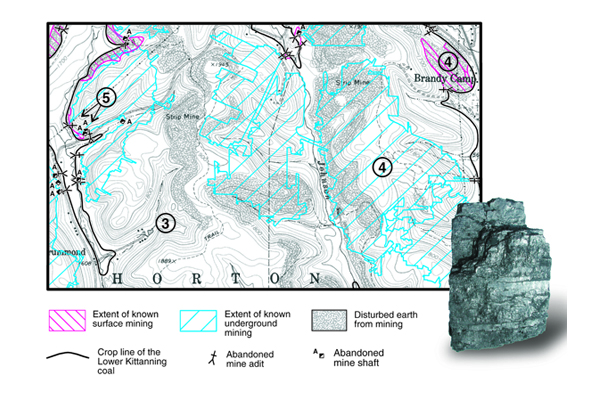 Figure 4 (bottom): [3] Areas originally occupied by Lower Kittanning coal. [4] Known extent of surface (red) and underground (blue) mining. [5] Locations of mine openings. Inset: Pennsylvania bituminous coal. Credit: C. Dodge, Pennsylvania Geological Survey