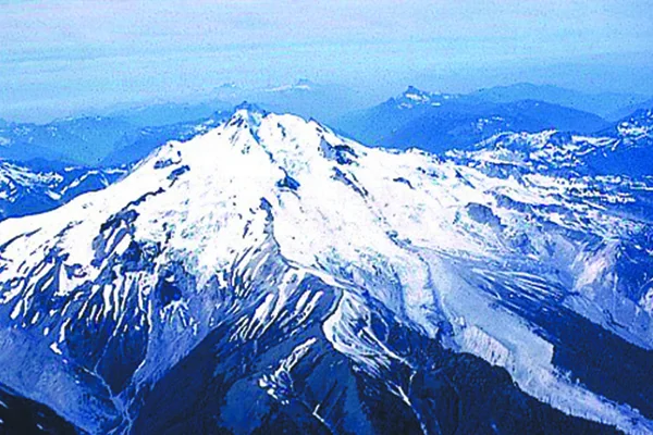 Figure 1. Although Glacier Peak normally can not be seen from any urban areas, this active volcano periodically erupts in an explosive catastrophic manner that could affect the lower part of the populated Skagit River Valley. Credit: D. Mullineaux, USGS