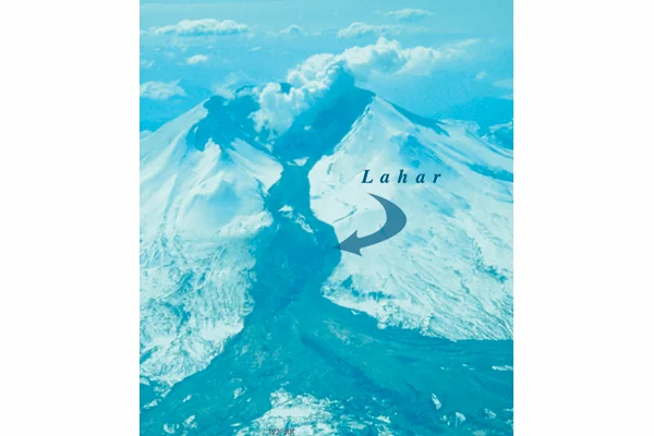 Figure 3. Lahar racing down the slopes of Mount St. Helens. A lahar is a mud flow consisting of a thick mixture of water and volcanic debris. Credit: USGS