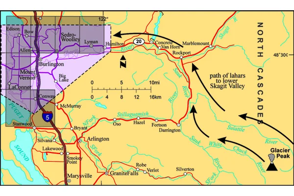 Figure 4. Note the location of Glacier Peak volcano and the path lahars have taken down stream valleys to reach the plain of the lower Skagit Valley. Gray rectangles indicate geologic mapping study area. Credit: Dragovich et al. (2000)