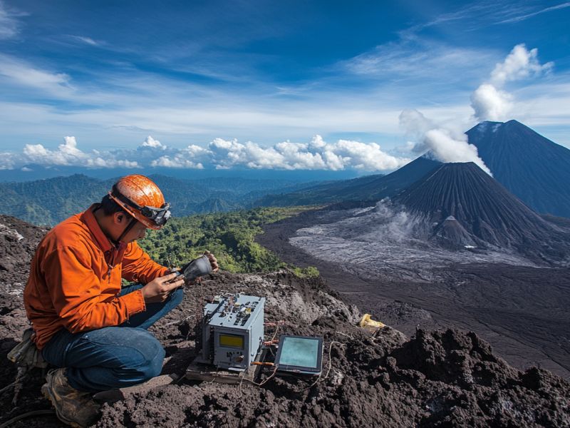 A geoscientist in an orange jacket and hard hat installs a seismograph on a volcanic slope. In the background, two volcanic peaks emit plumes of white smoke, with rugged, ash-covered terrain and lush green forests under a bright blue sky.