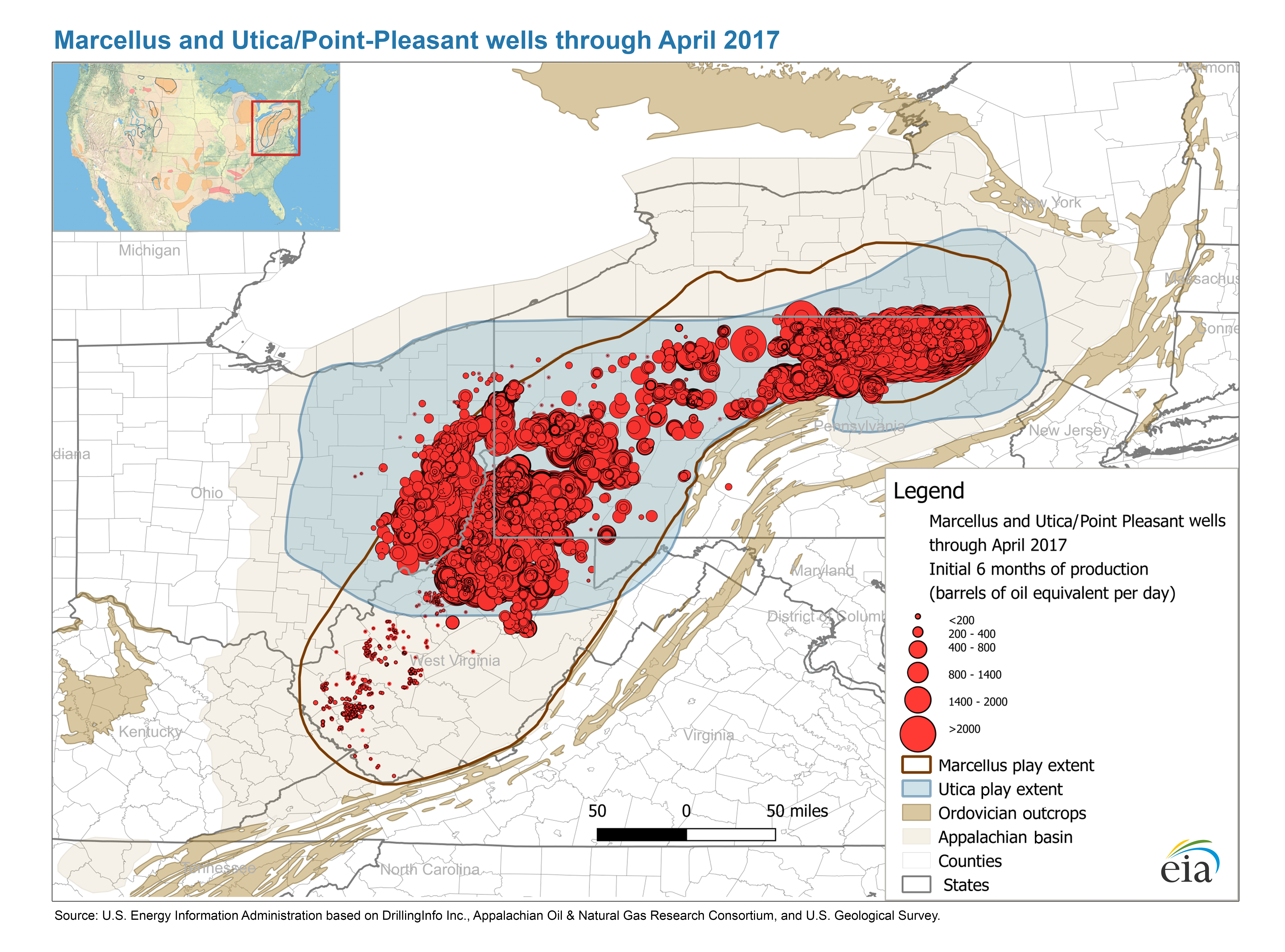 Map of wells in the Marcellus and Utica/Point Pleasant formations (Pennsylvania, Ohio, and West Virginia) through April 2017. Image Credit: U.S. Energy Information Administration Map of wells in the Marcellus and Utica/Point Pleasant formations (Pennsylvania, Ohio, and West Virginia) through April 2017.