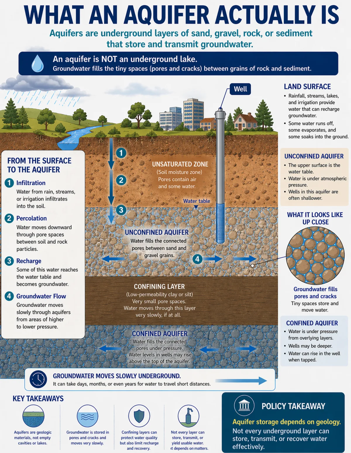 Cross-section showing rainfall, soil, a water table, an unconfined aquifer, a confining layer, a confined aquifer, groundwater movement, and a well.