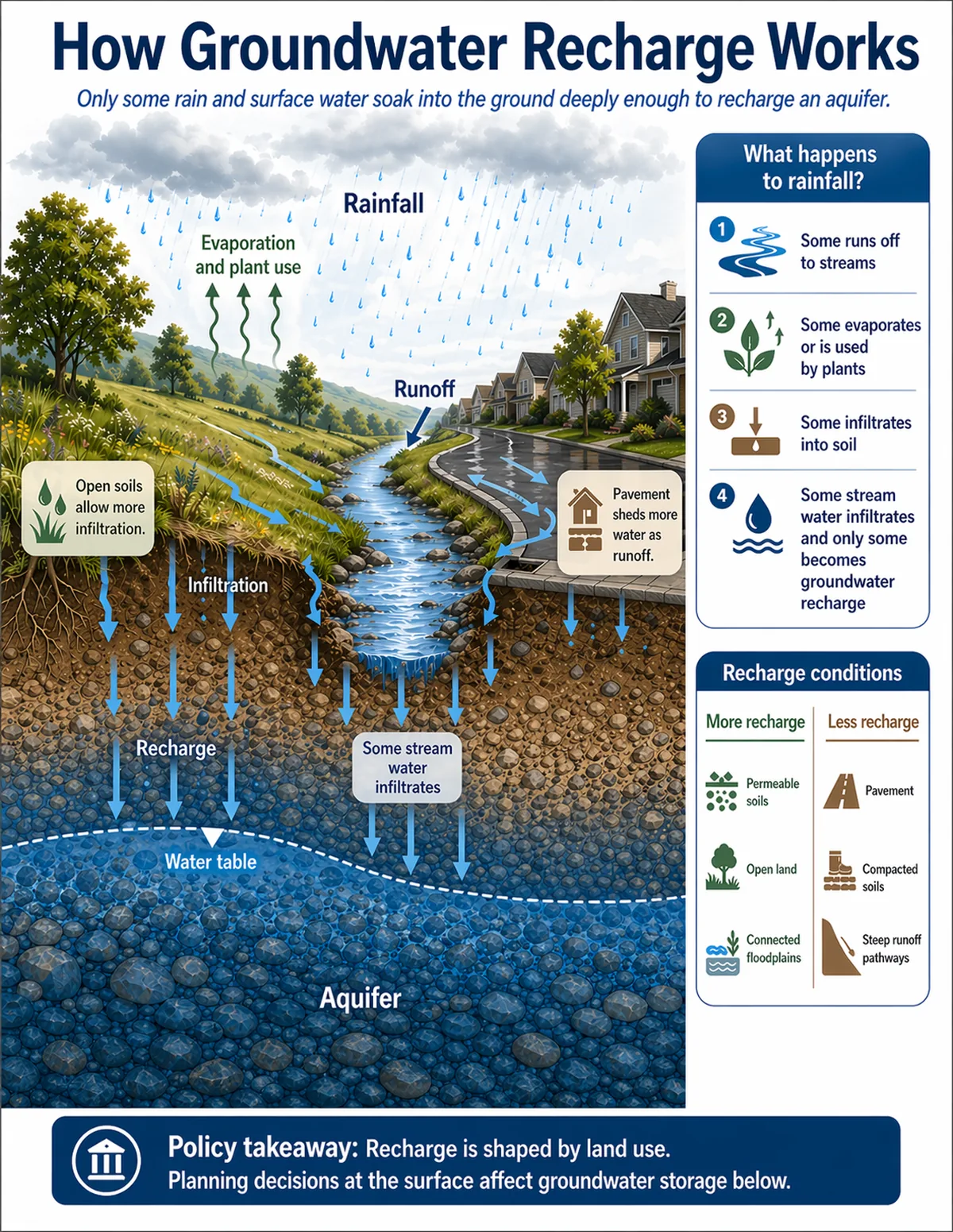 Watershed-to-aquifer cross-section showing rainfall, runoff, evaporation and plant use, infiltration, stream infiltration, recharge, the water table, and an aquifer.