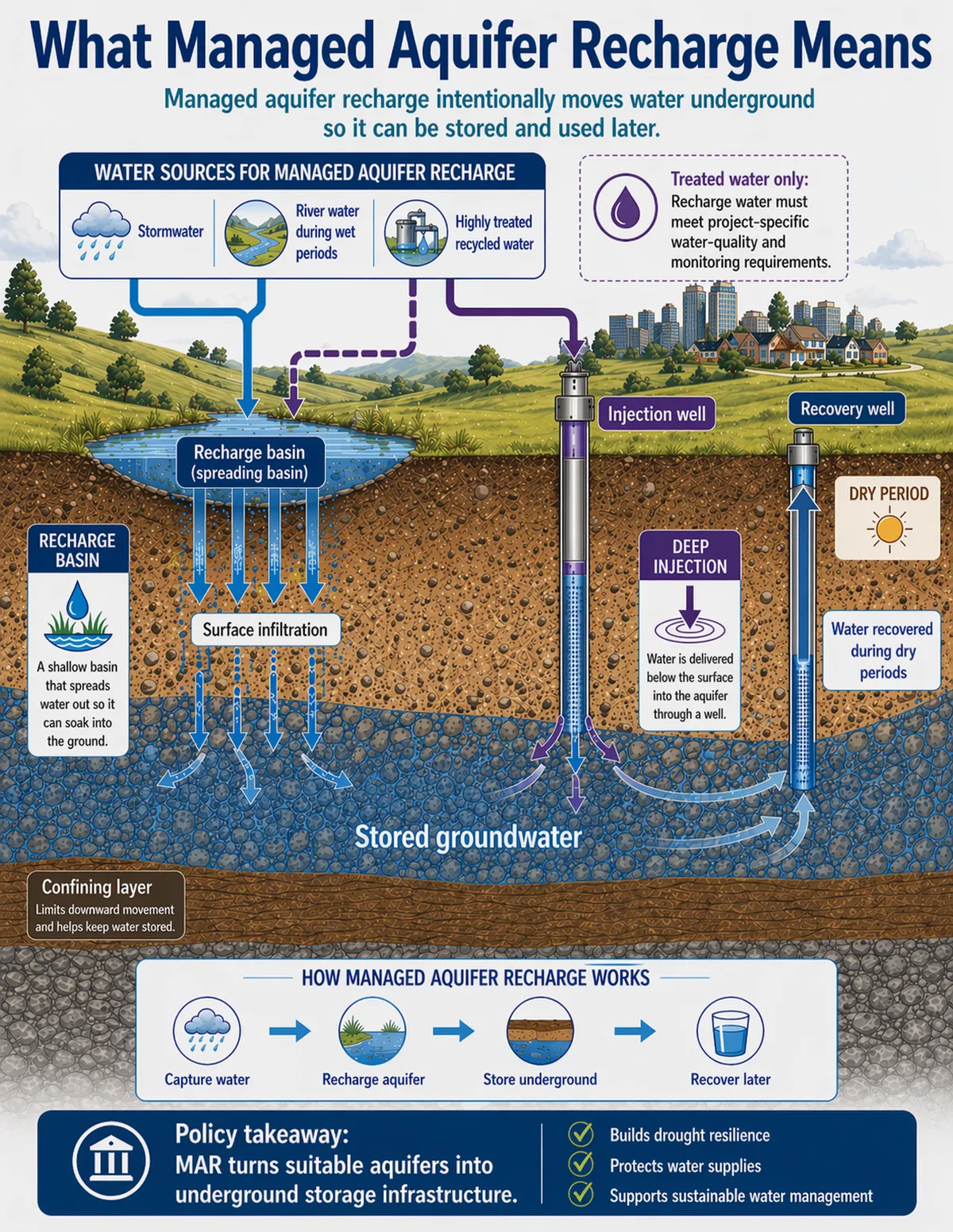 Cross-section showing water sources for managed aquifer recharge, a recharge basin, surface infiltration, an injection well, stored groundwater, and a recovery well used during dry periods.