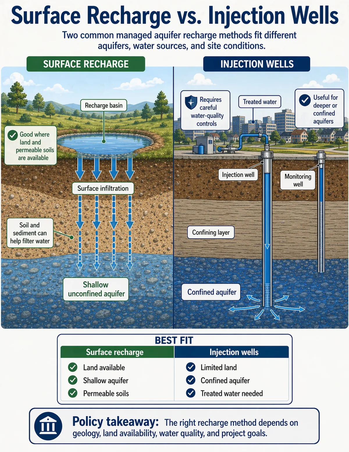 Split-screen cross-section comparing surface recharge through a recharge basin into a shallow unconfined aquifer with injection wells delivering treated water into a deeper confined aquifer.