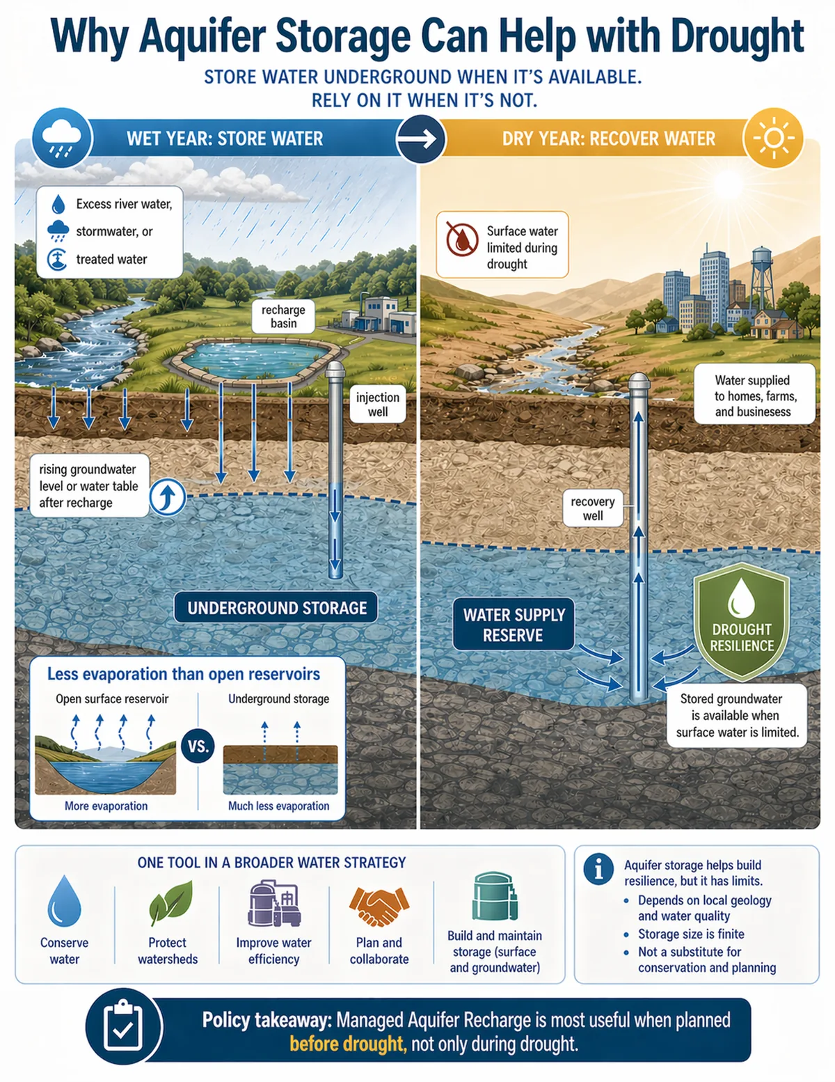 Wet-year and dry-year timeline showing water stored underground through recharge and later recovered during drought when surface water is limited.
