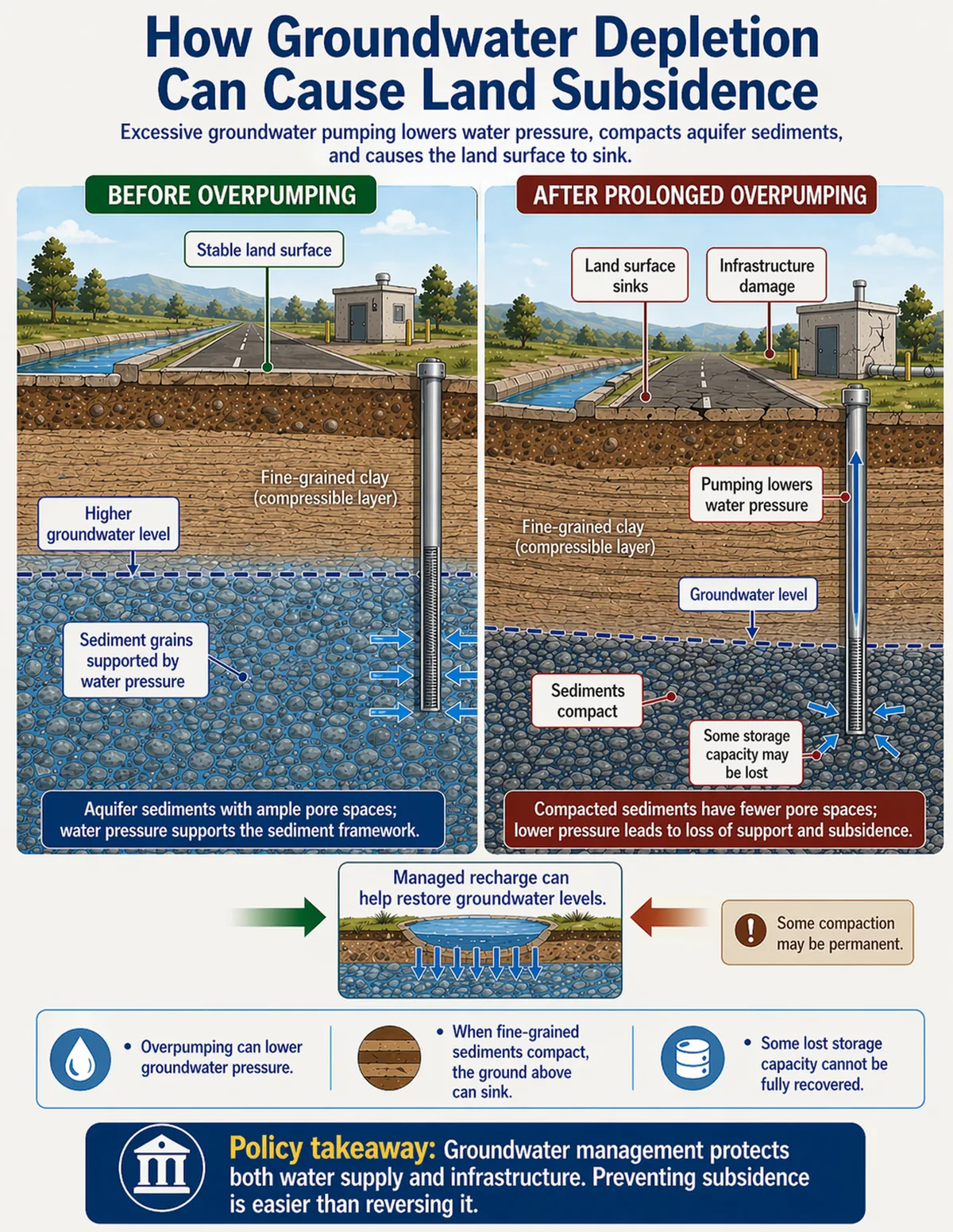 Before-and-after geologic cross-section showing higher groundwater levels before overpumping and lower groundwater levels, compacted sediments, sinking land, and infrastructure damage after prolonged overpumping.