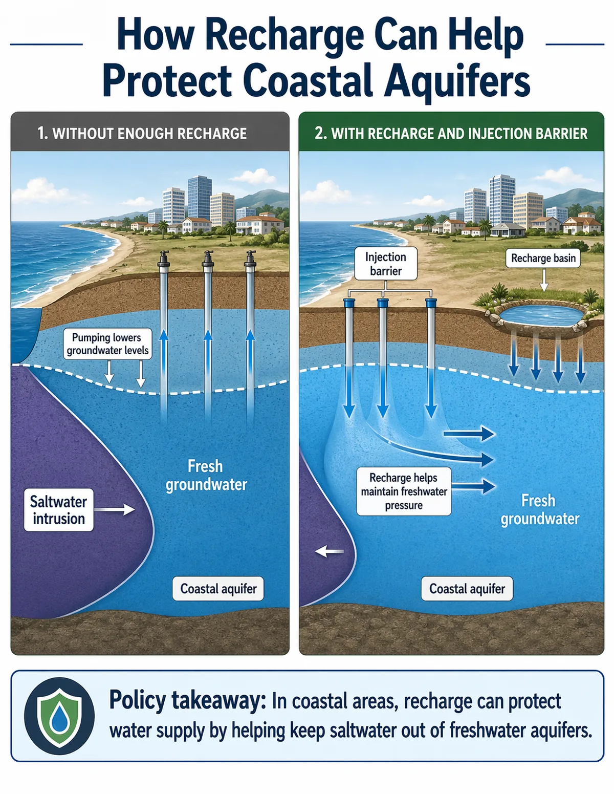 Coastal groundwater cross-section showing fresh groundwater, saltwater intrusion, pumping wells, recharge, injection wells, and a freshwater pressure barrier.