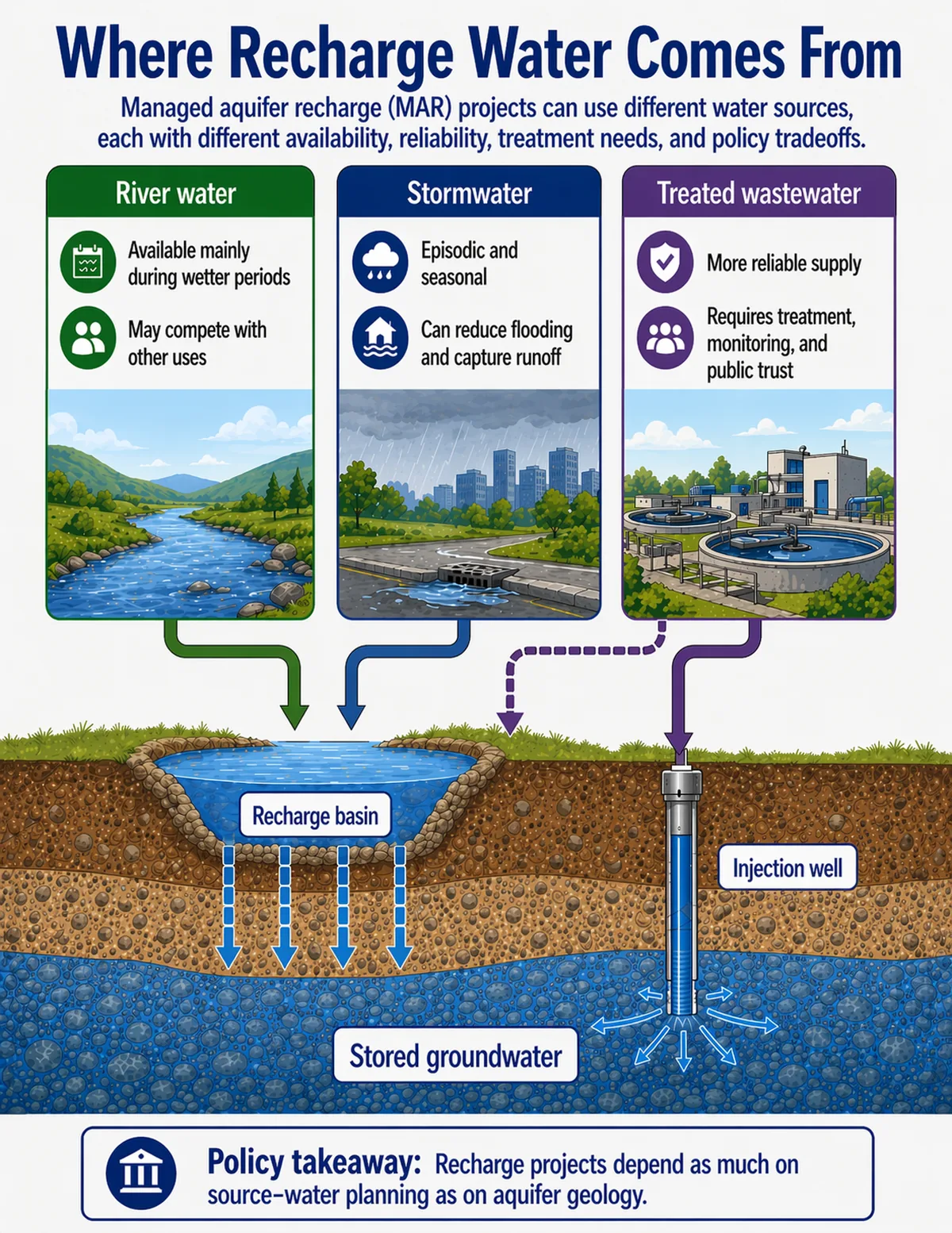 Flowchart-style infographic showing river water, stormwater, and treated wastewater as source-water pathways for managed aquifer recharge through recharge basins and injection wells.