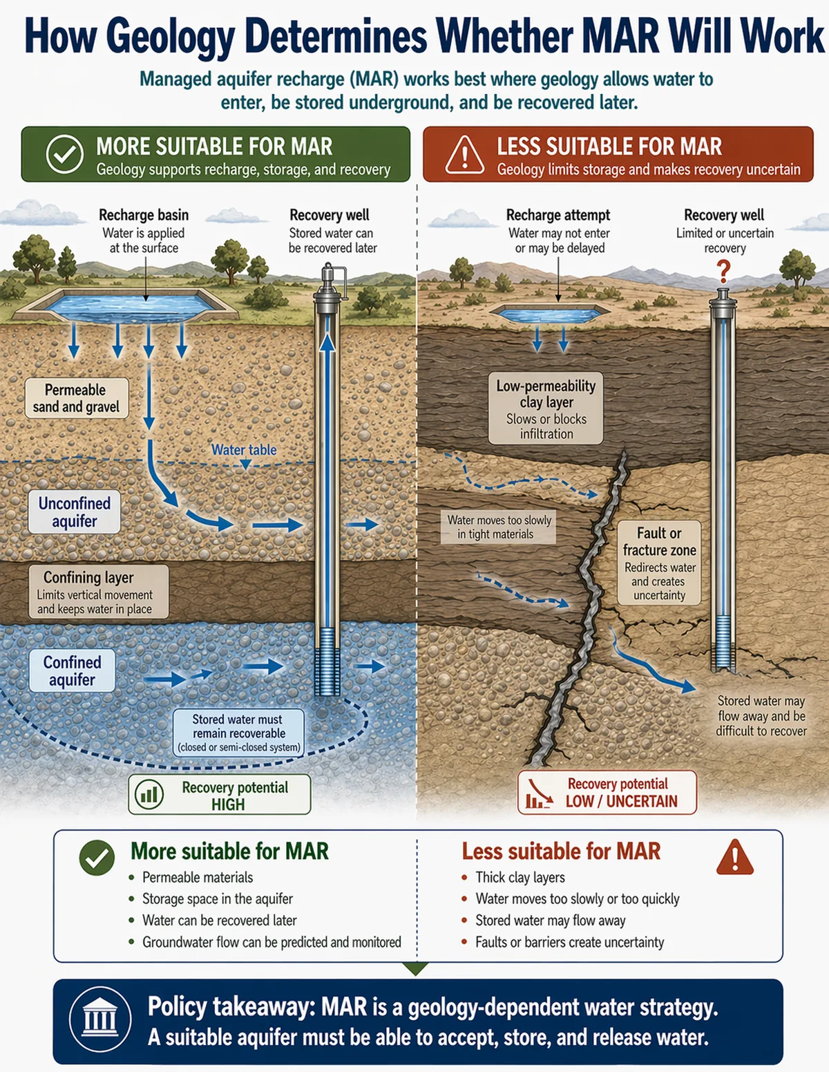 Side-by-side geologic cross-section comparing a more suitable managed aquifer recharge setting with permeable sand and gravel and recoverable stored water to a less suitable setting with clay layers, faulting, and uncertain recovery.