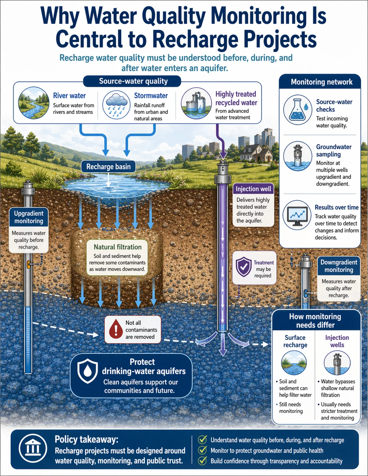 Cross-section showing source water entering a recharge basin and injection well, natural filtration through soil and sediment, upgradient and downgradient monitoring wells, groundwater testing, and water-quality tracking over time.