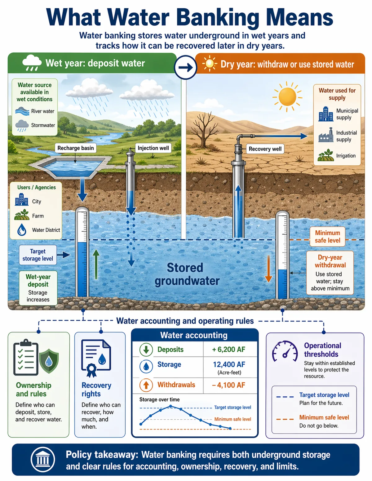 Wet-year and dry-year infographic showing recharge basins and injection wells storing water underground, a recovery well withdrawing water later, and a water-accounting dashboard tracking deposits, storage, and withdrawals.