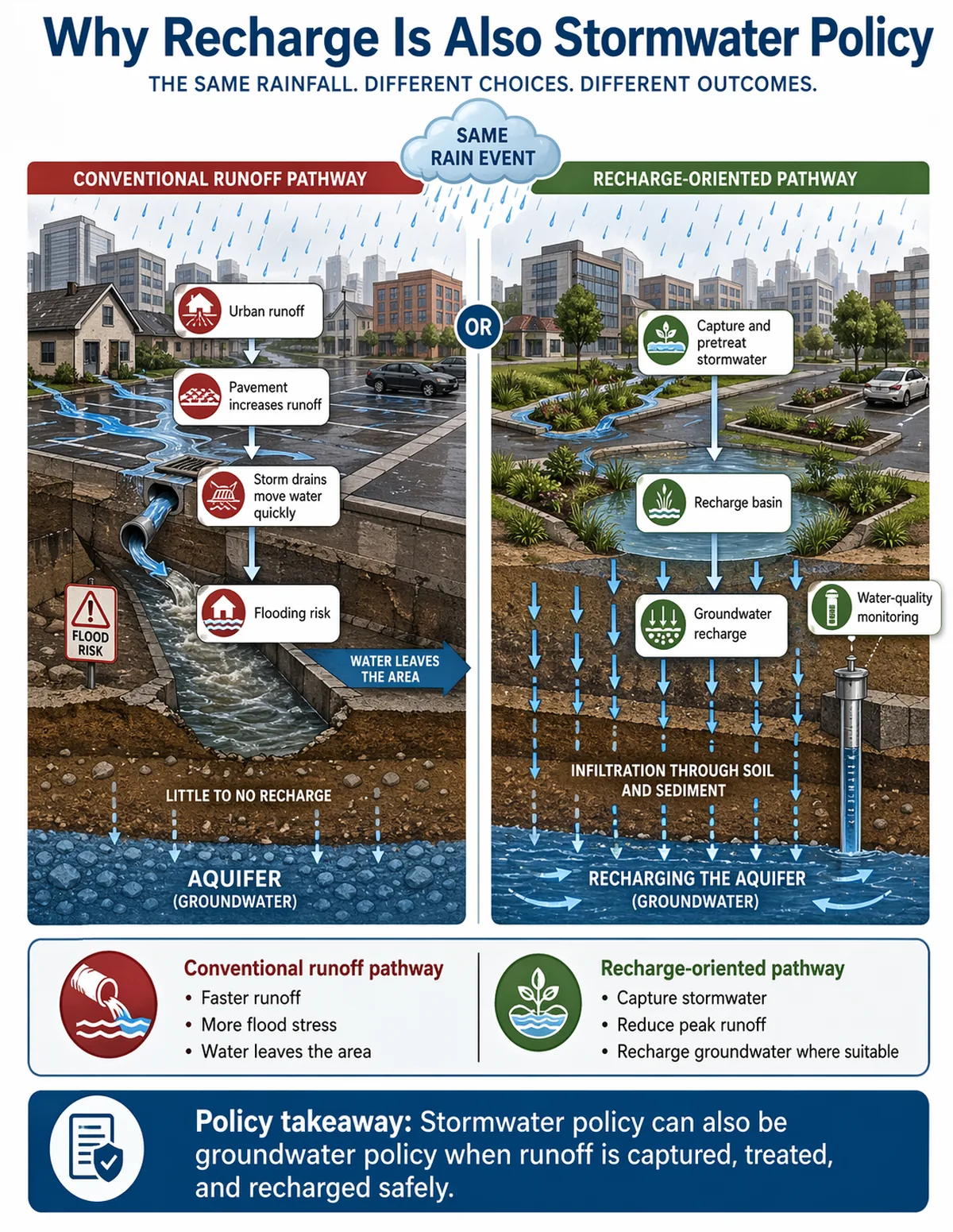 Split infographic comparing a conventional urban runoff pathway, where pavement and storm drains move water quickly and increase flood stress, with a recharge-oriented pathway, where stormwater is captured, pretreated, monitored, and directed into a recharge basin that infiltrates to an aquifer.