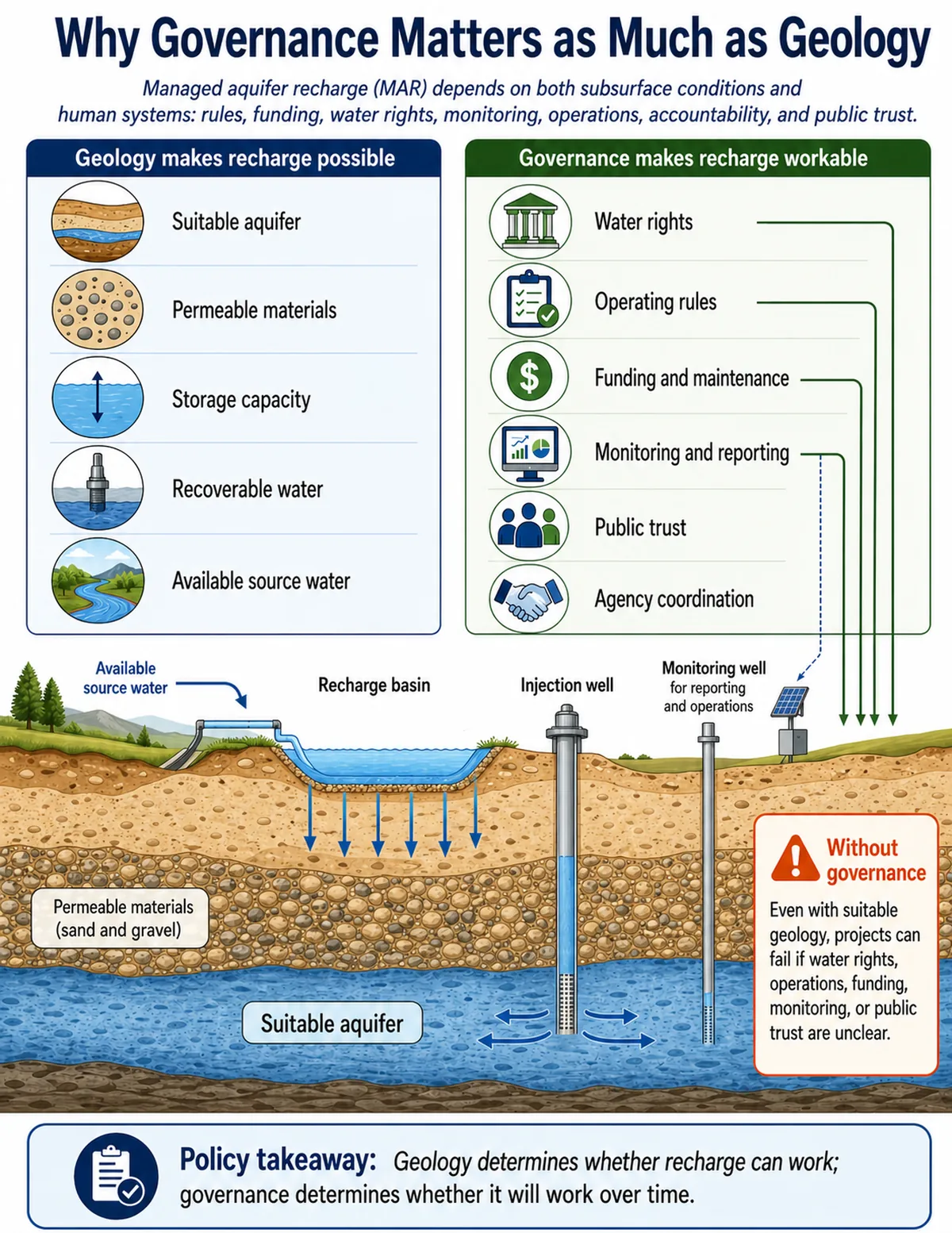 Policy-and-groundwater systems infographic showing that geology makes recharge possible while governance makes recharge workable, with an aquifer cross-section, recharge basin, injection well, monitoring well, and governance icons.