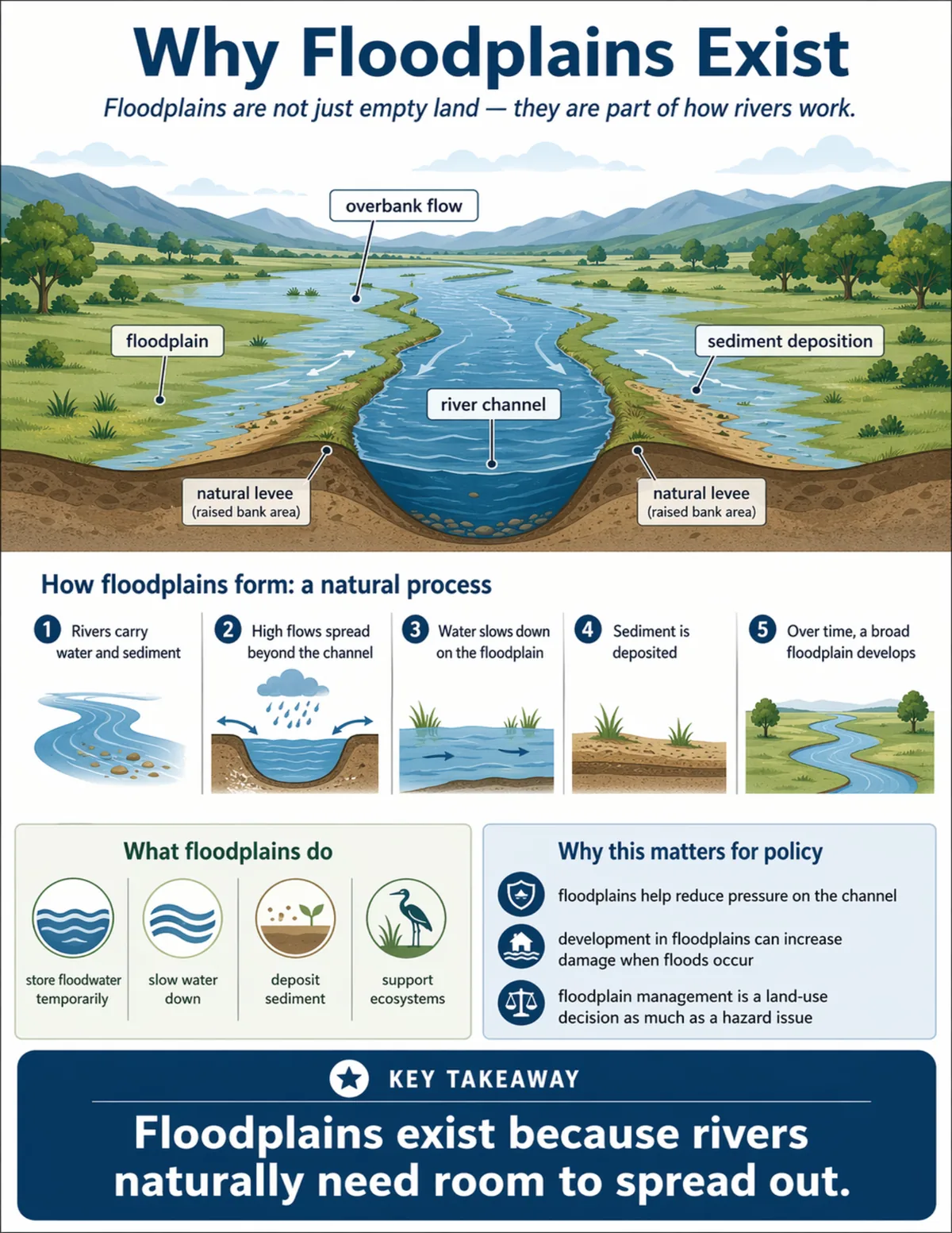Infographic showing a river channel, floodplain, overbank flow, sediment deposition, and how floodplains form over time.