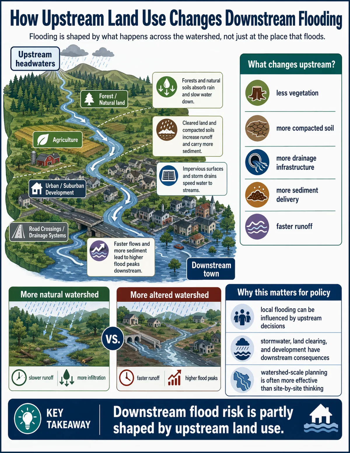 Infographic showing how forests, agriculture, urban development, and drainage systems in an upstream watershed affect downstream flooding.