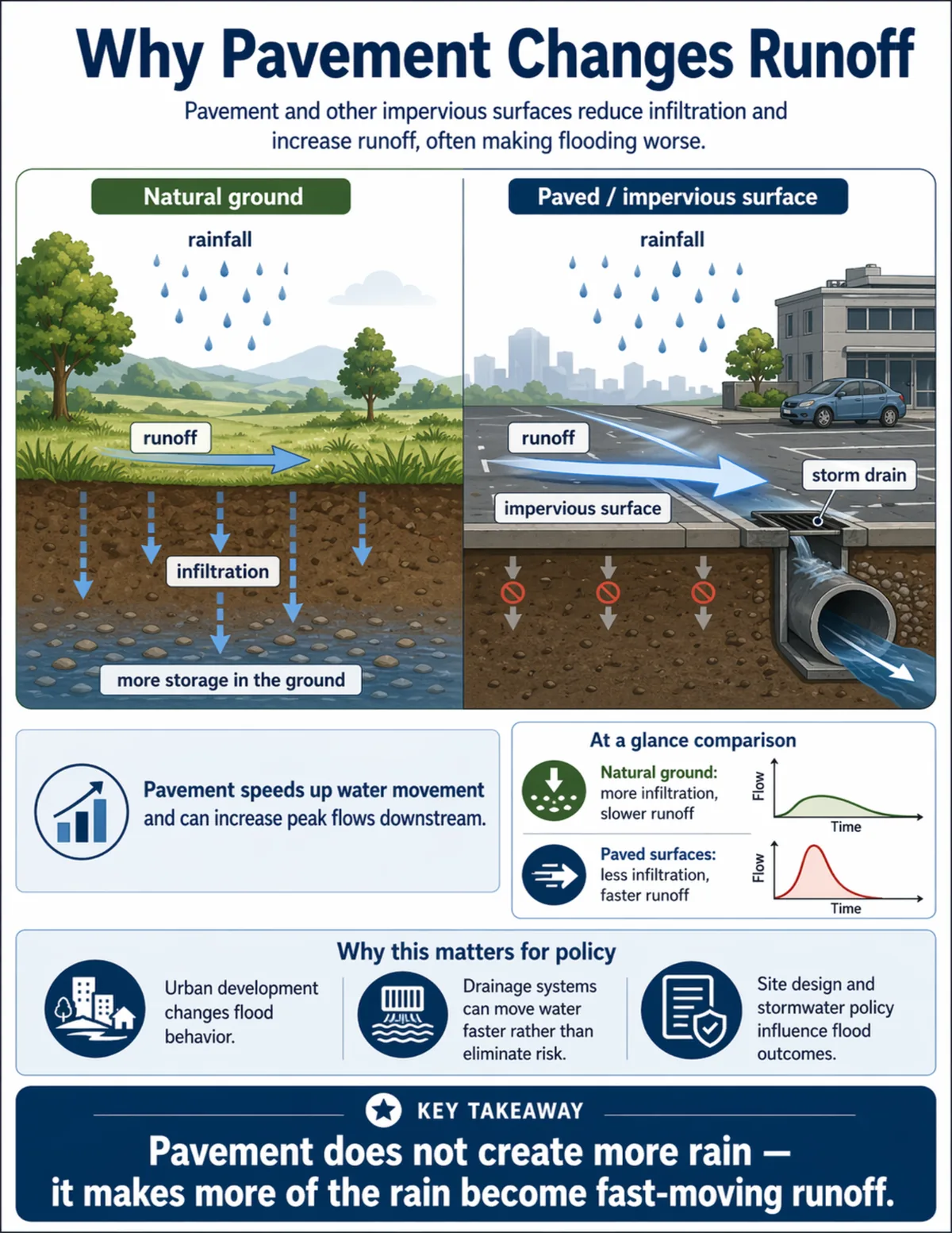 Infographic comparing natural ground and paved surfaces to show how pavement reduces infiltration and increases runoff.