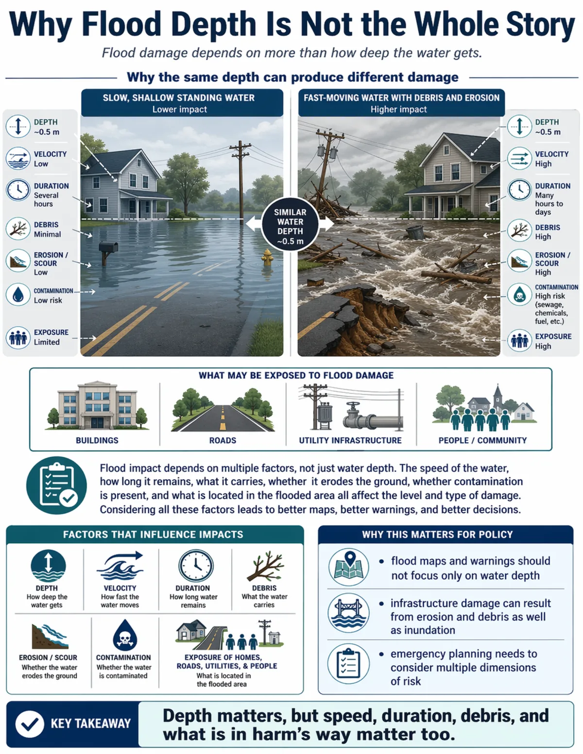 Infographic comparing two floods of similar depth but different impacts because of velocity, debris, erosion, contamination, duration, and exposure.