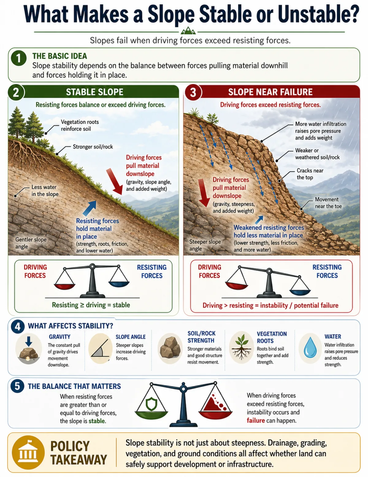 Side-by-side hillside cross-sections comparing a stable slope with a slope near failure, showing driving forces pulling material downslope and resisting forces holding material in place.