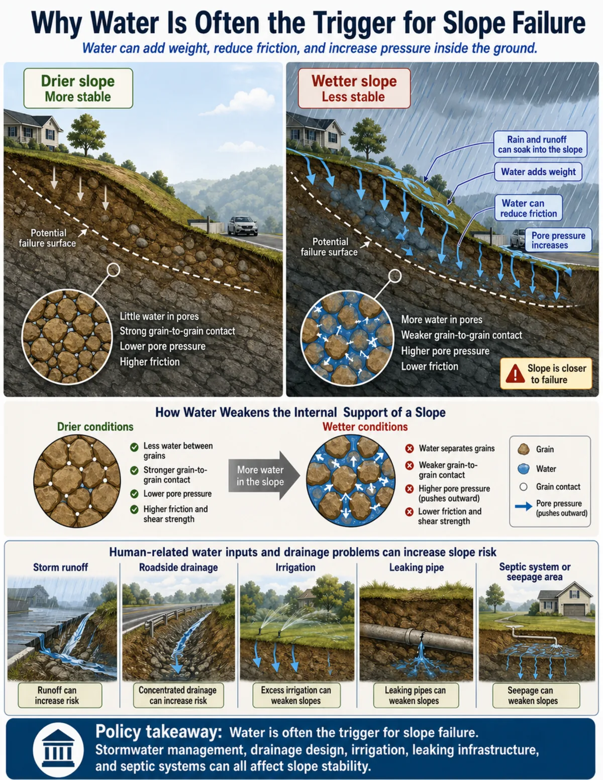 Side-by-side hillside cross-sections comparing a drier, more stable slope with a wetter, less stable slope where rain and runoff soak into the ground and increase pore pressure.